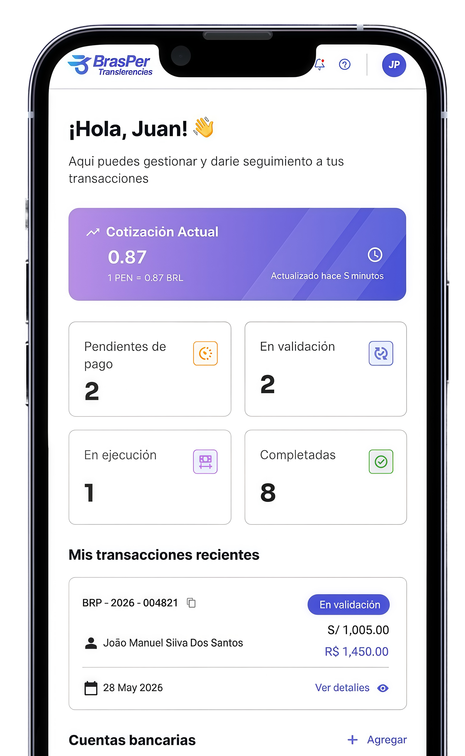App Brasper mostrando una transferencia en curso
